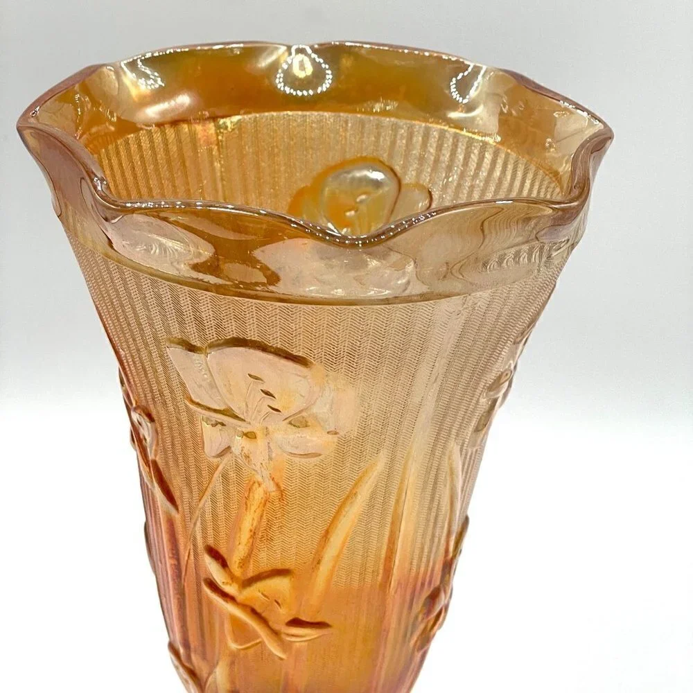 Vintage Jeanette Marigold Carnival Glass Iris Herringbone Footed Vase 9